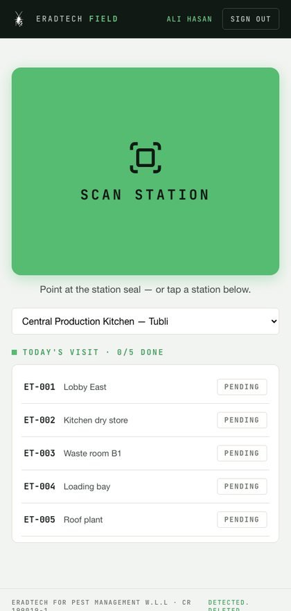 ERADTECH Field app — technician scan screen with today's visit checklist